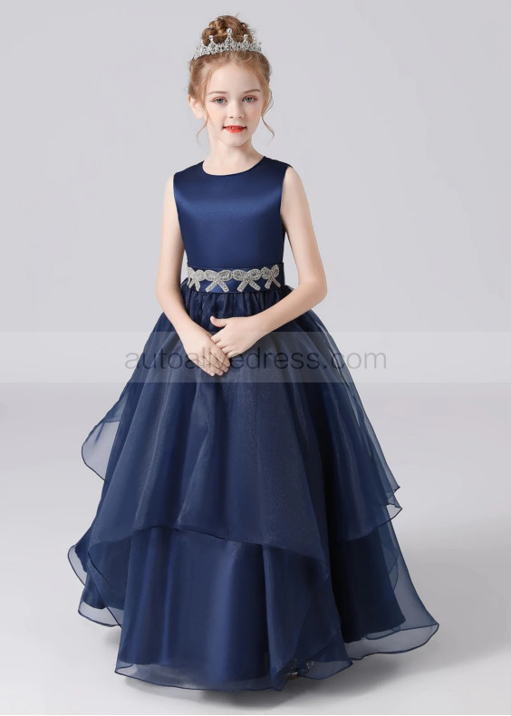 Navy Blue Satin Organza Gorgeous Flower Girl Dress